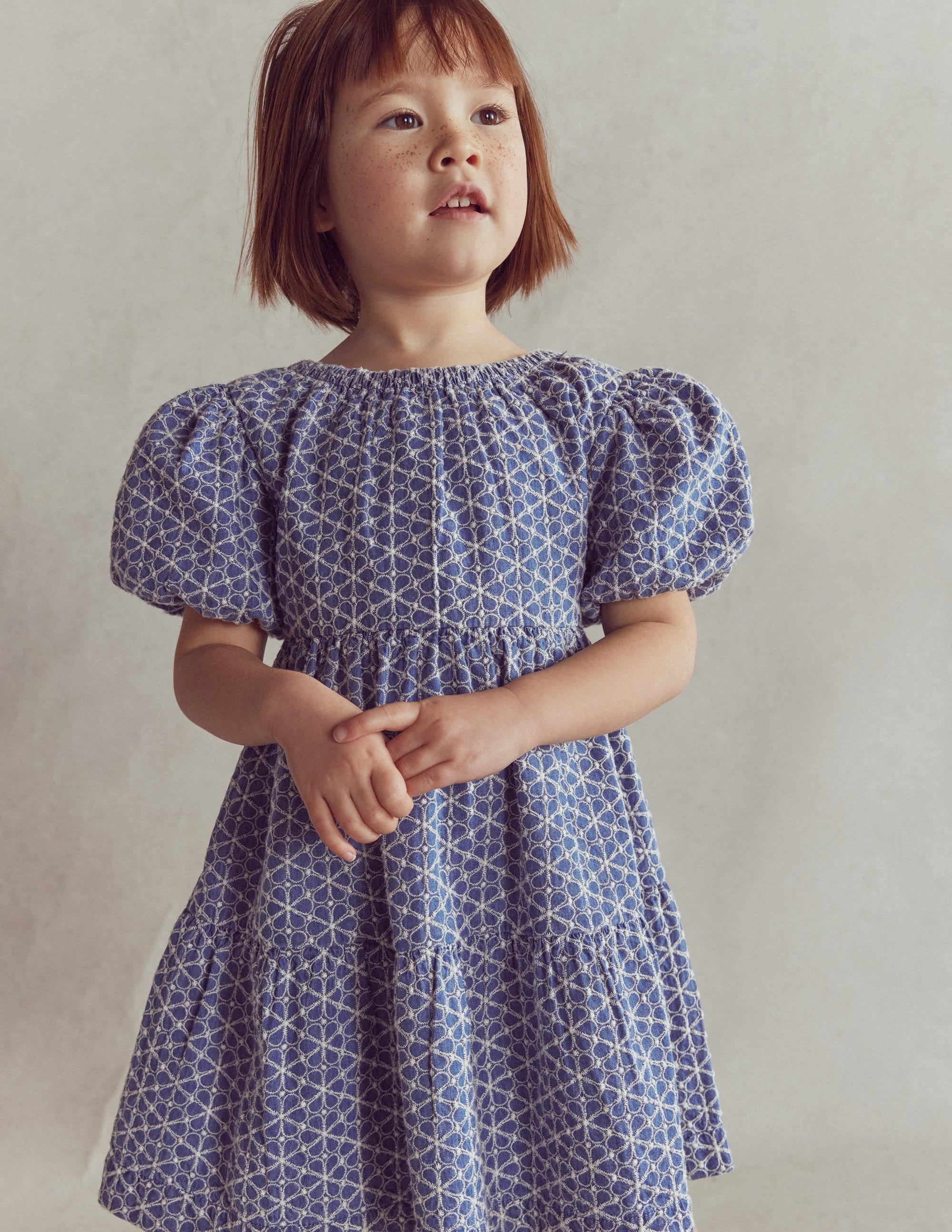 Puff Sleeve Cross Back Dress-Chambray Broderie - Image 1