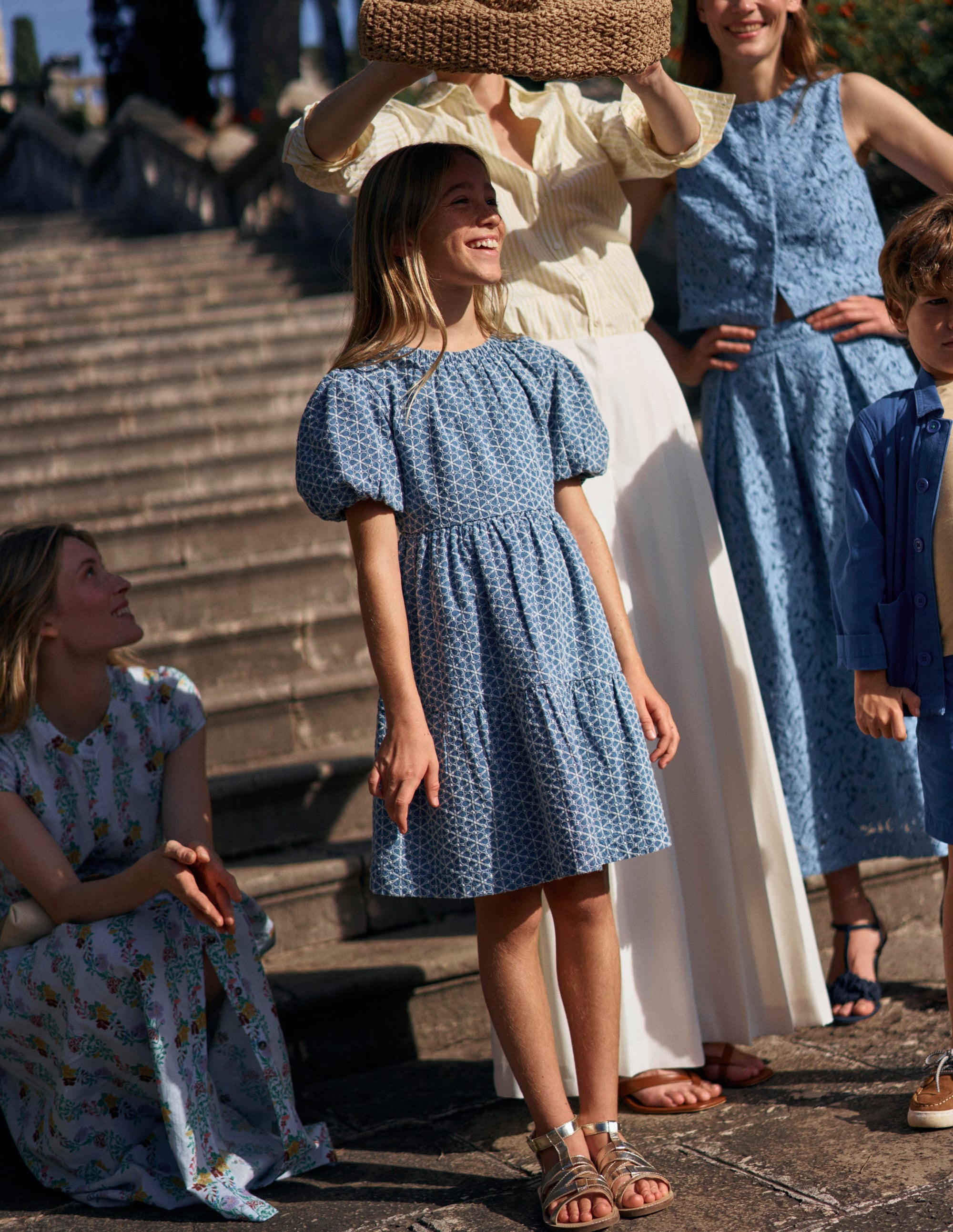 Puff Sleeve Cross Back Dress-Chambray Broderie | Boden USA