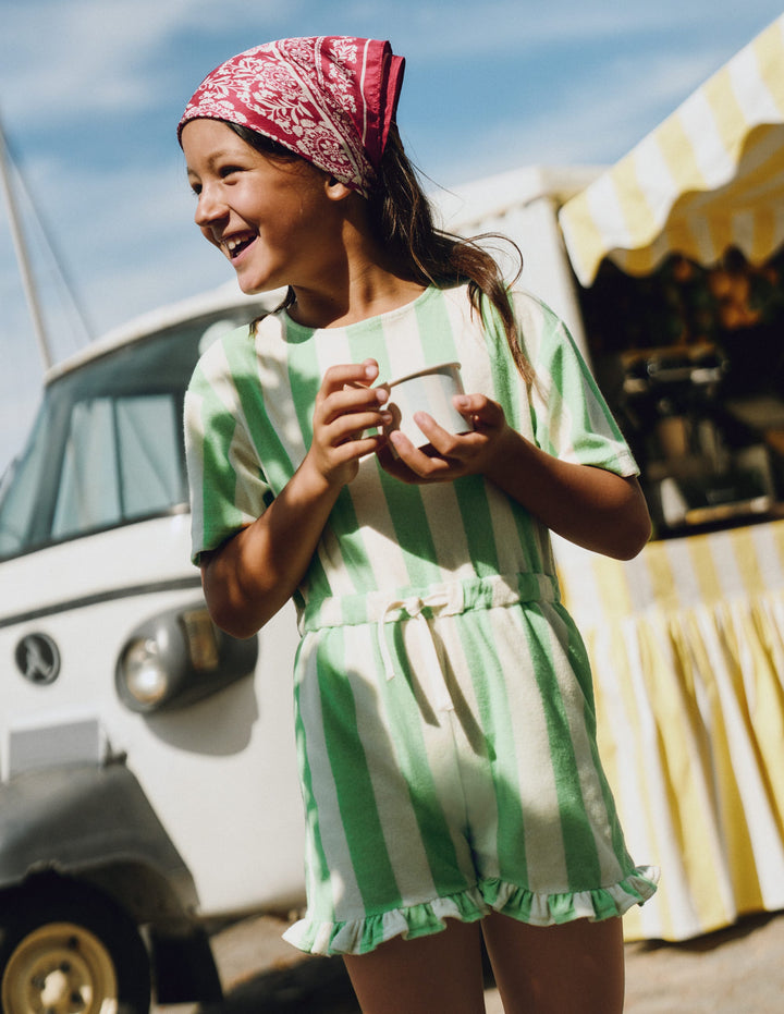 Relaxed Towelling Playsuit-Pale Green Stripe