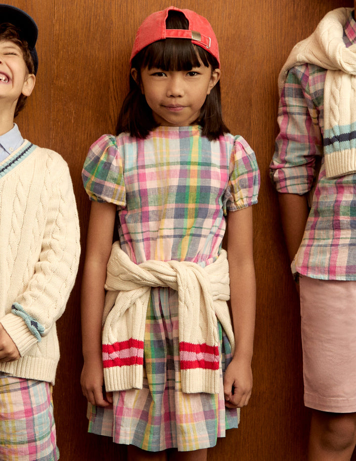 Tie Front Woven Dress-Blue, Pink and Green Check