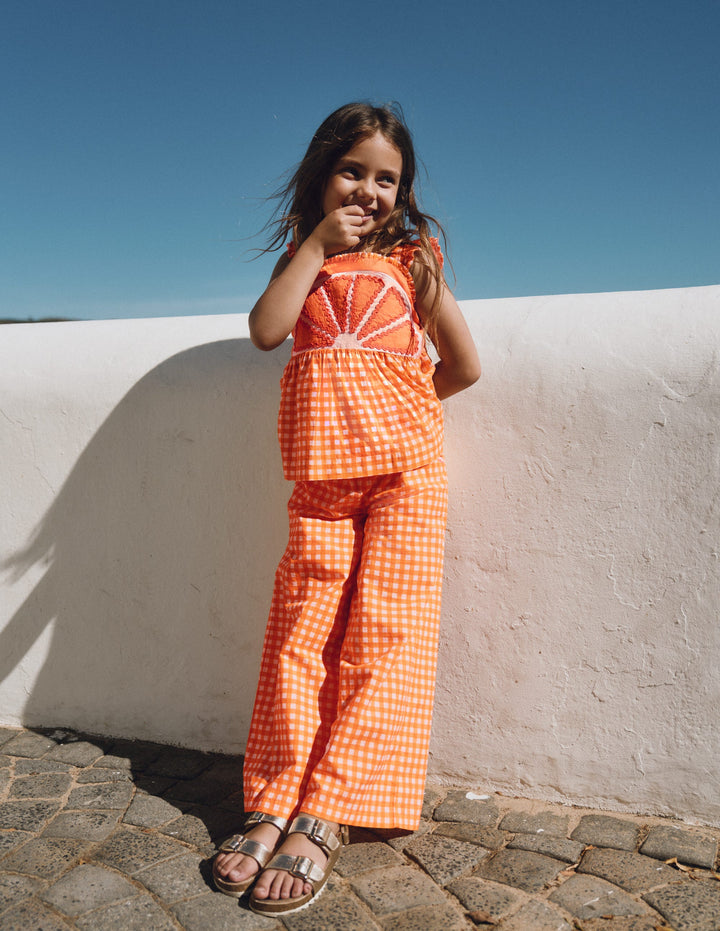 Wide Leg Pants-Orange/Ivory Gingham