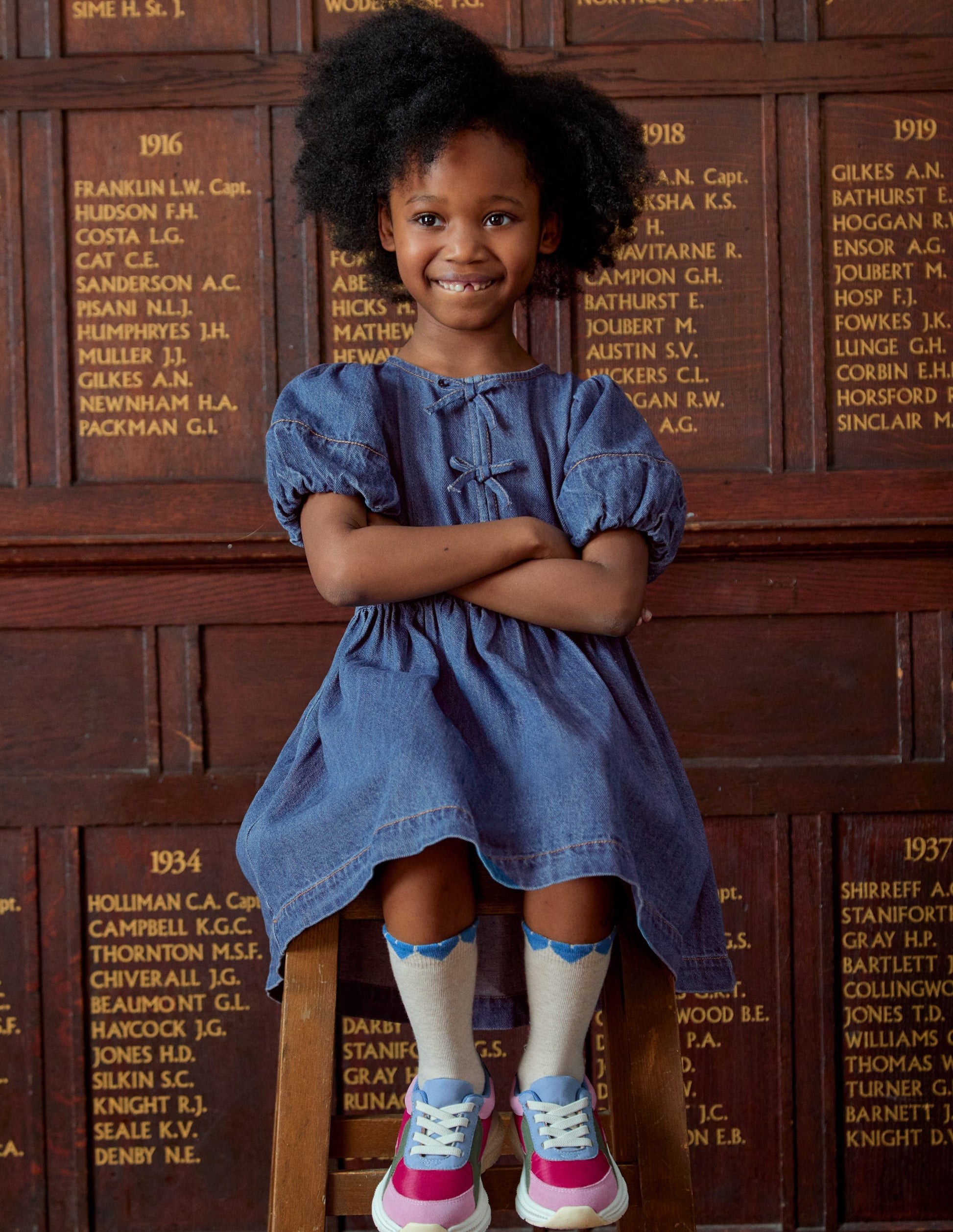 Boden Girls Bow Front Woven Dress in Blue