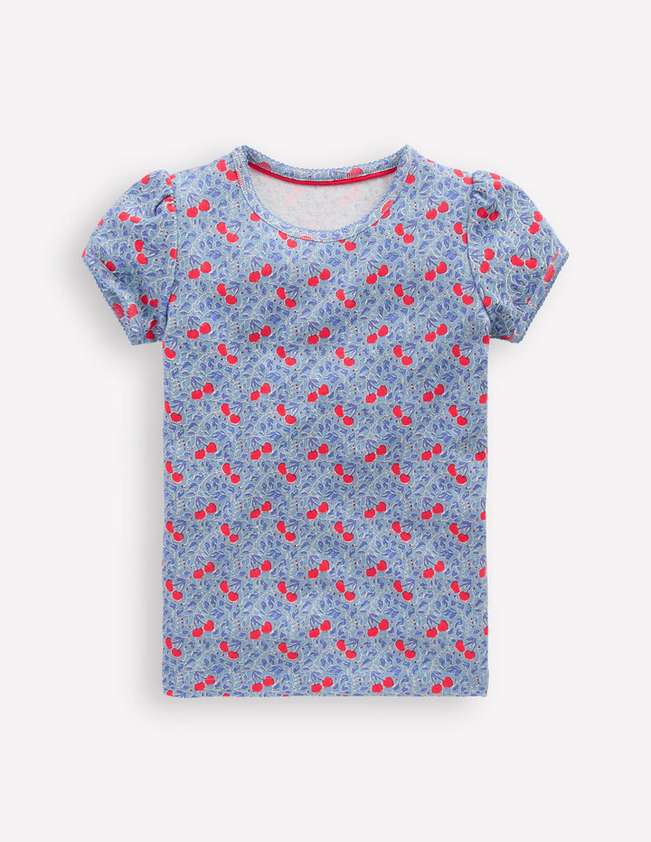 Short Sleeve Pointelle Top-Blue Cherries