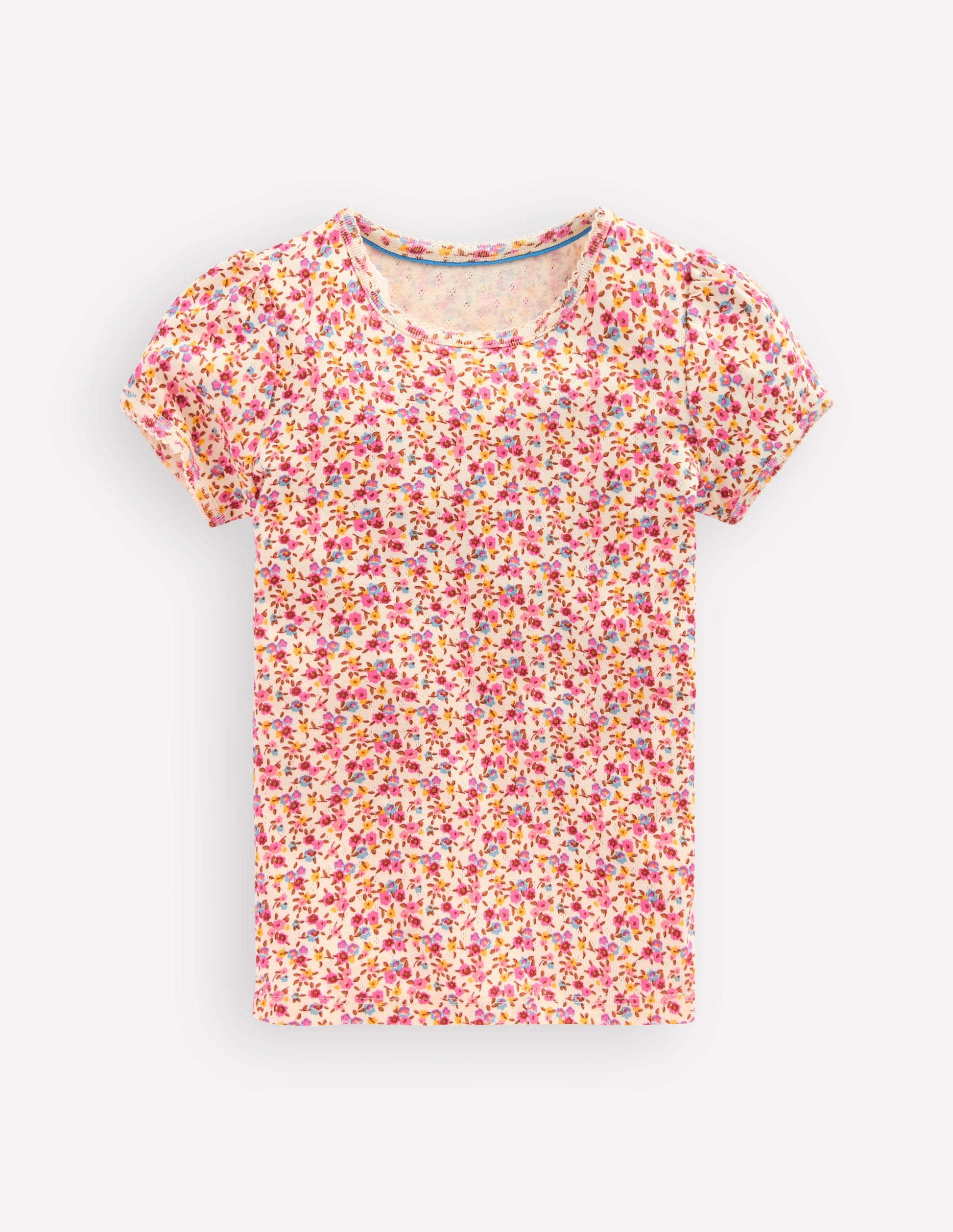 Short Sleeve Pointelle Top-Neon Pink Ditsy Floral-1