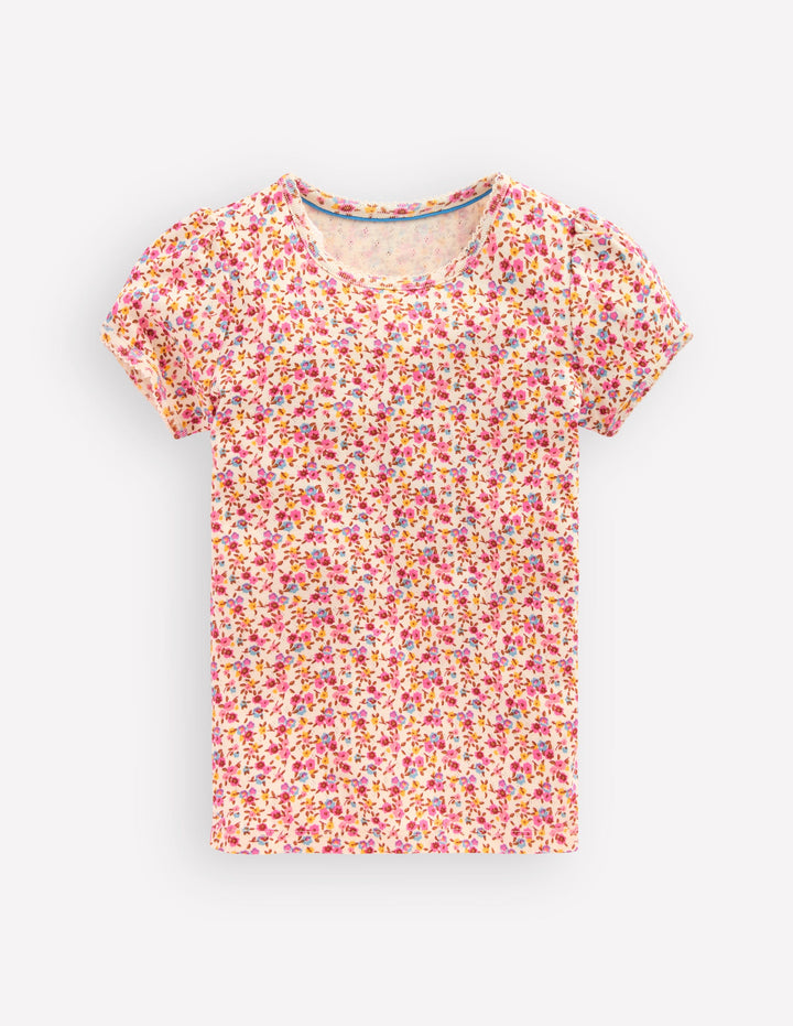 Short Sleeve Pointelle Top-Neon Pink Ditsy Floral
