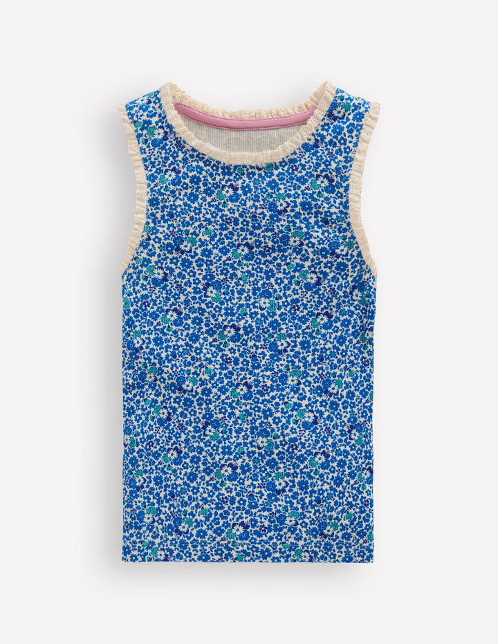 Ribbed Lace Trim Tank-Cabana Blue Ditsy Floral