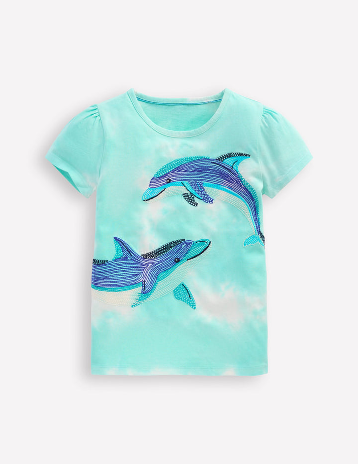Puff Sleeve Superstitch Top-Blue Dolphins