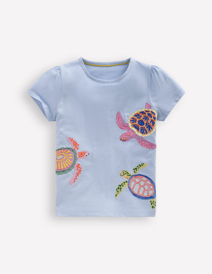 Puff Sleeve Superstitch Top-Misty Blue Turtles