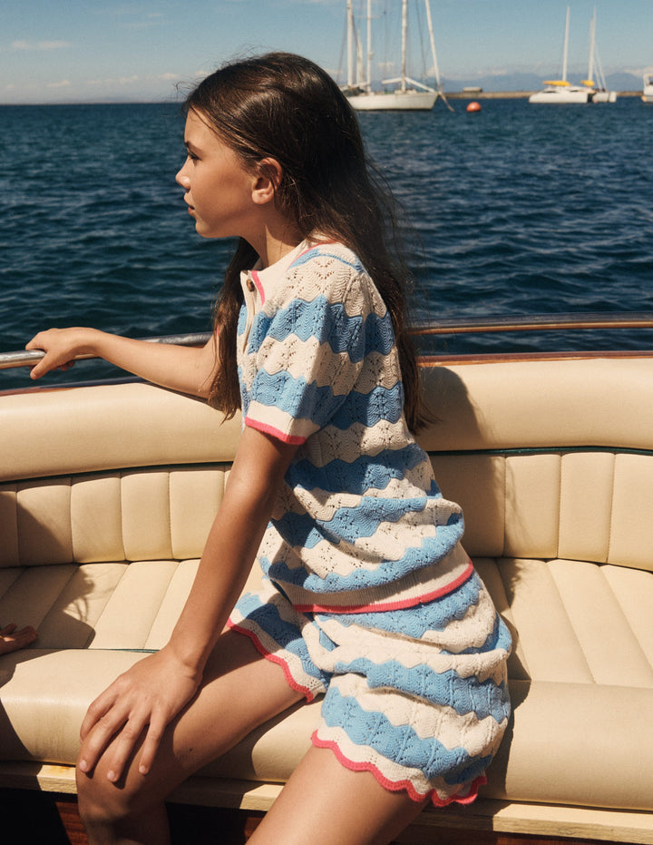 Pointelle Knitted Shorts-Wave Blue/ Ecru Marl