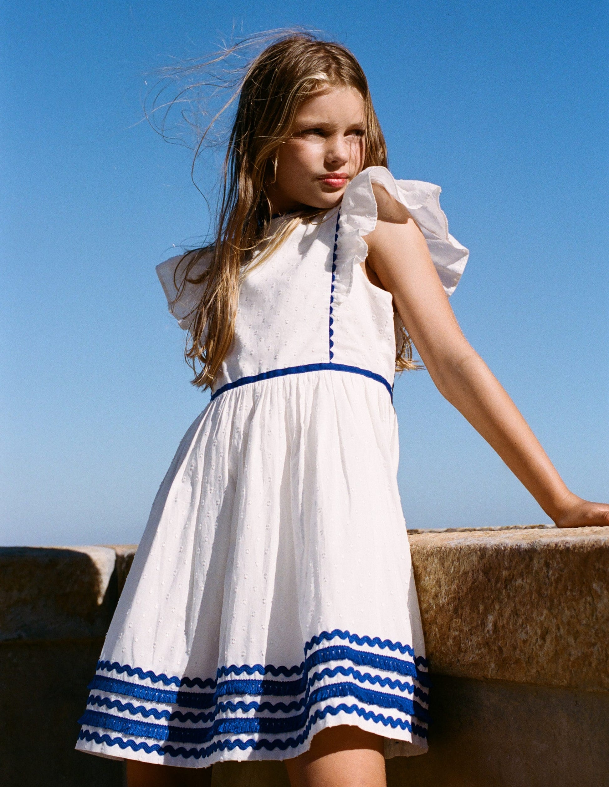 Flutter Sleeve Ric Rac Dress-Soft Ivory/ Bright Blue-1