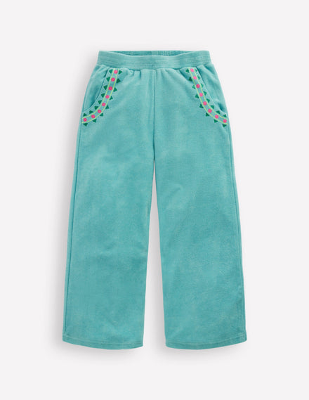 Straight Towelling Pants-Blue Embroidery