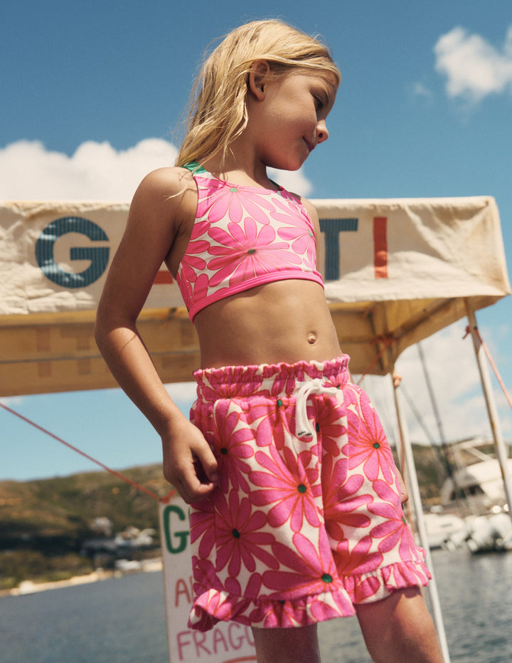 Towelling Ruffle Shorts-Festival Pink Giant Daisy