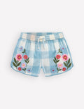 Pull-on Woven Shorts-Blue Gingham Embroidery