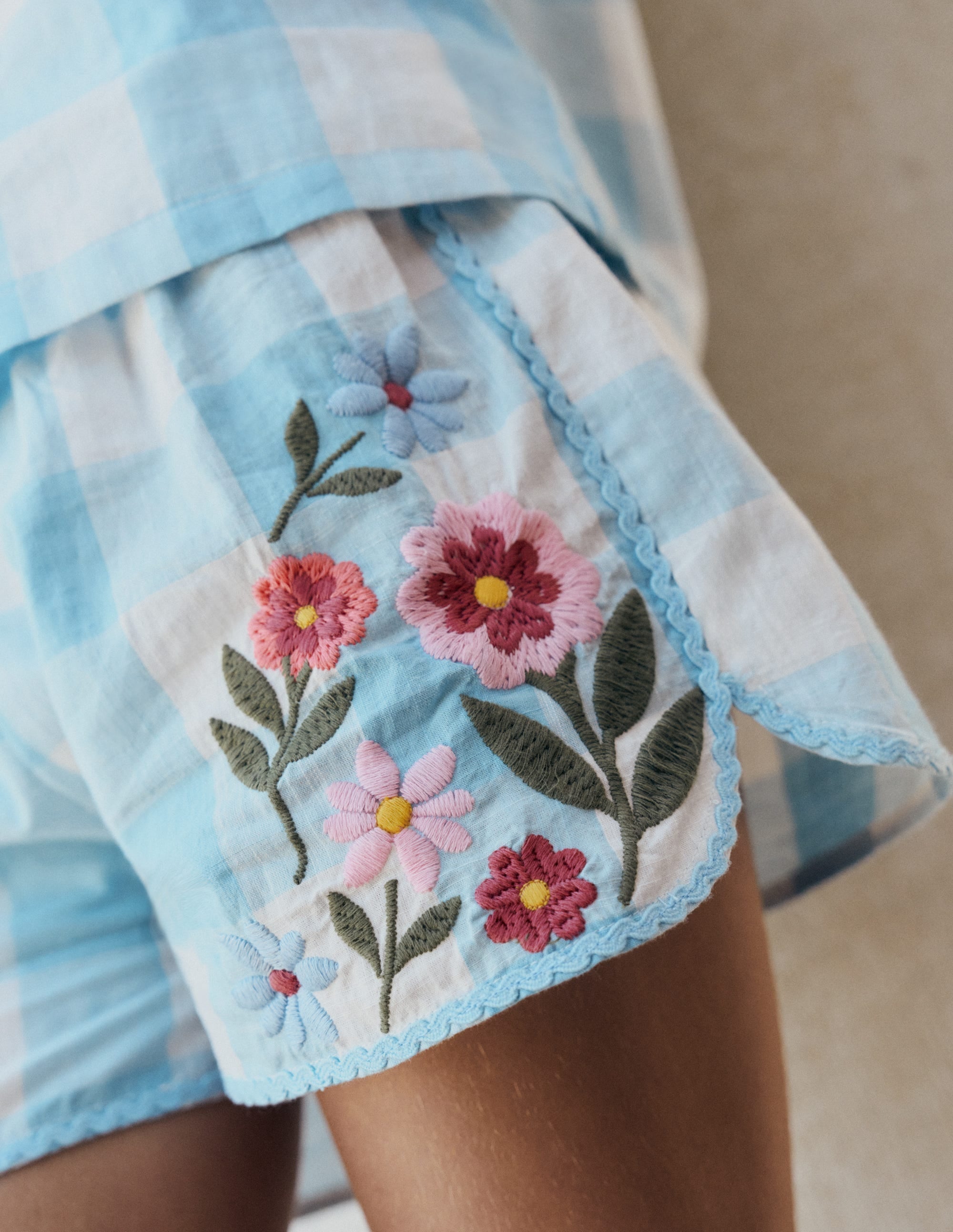 Pull-on Woven Shorts-Blue Gingham Embroidery - Image 5