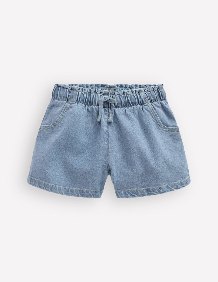Frill Waist Shorts-Light Wash Denim