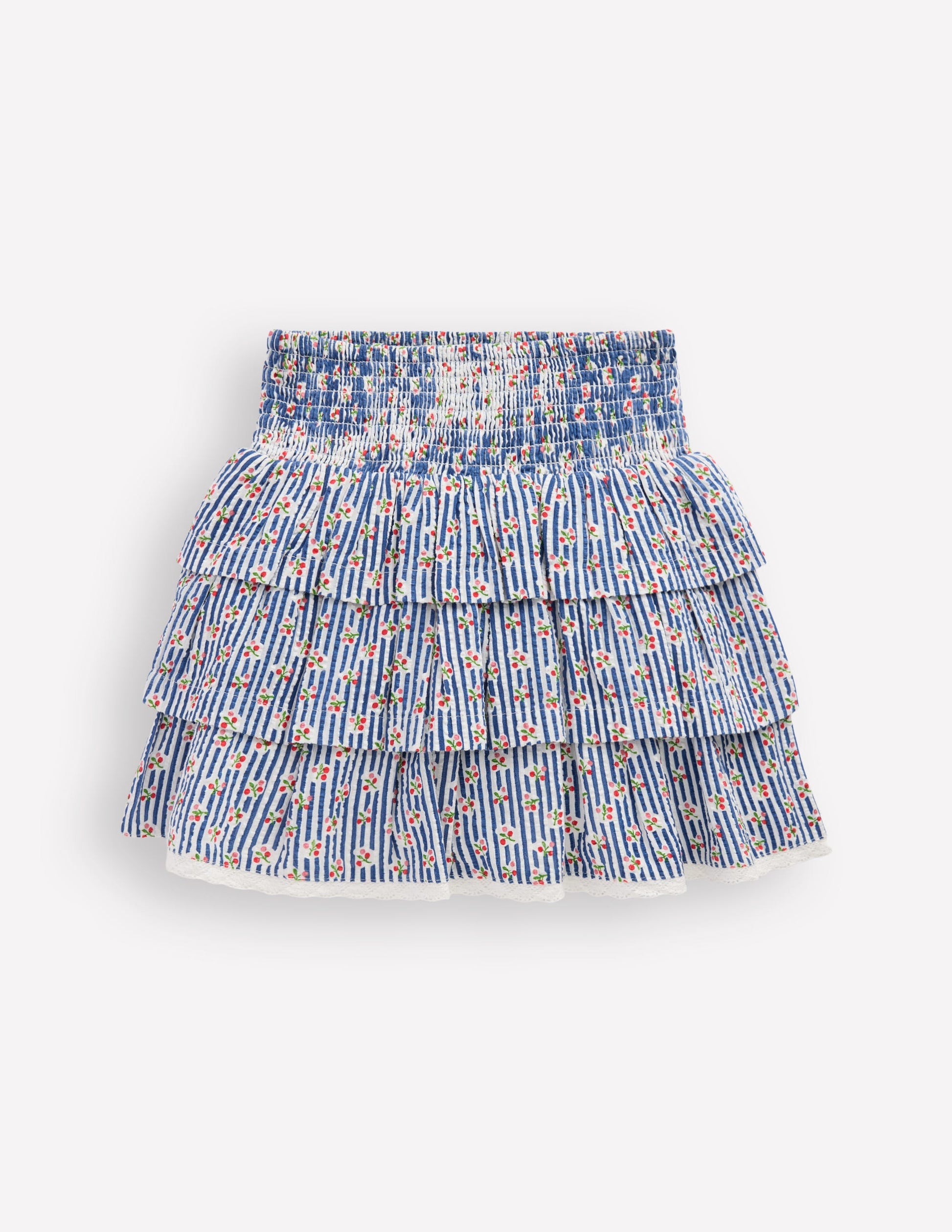Smocked Waist Ruffle Skirt-Bluejay Cherry Stripe-3