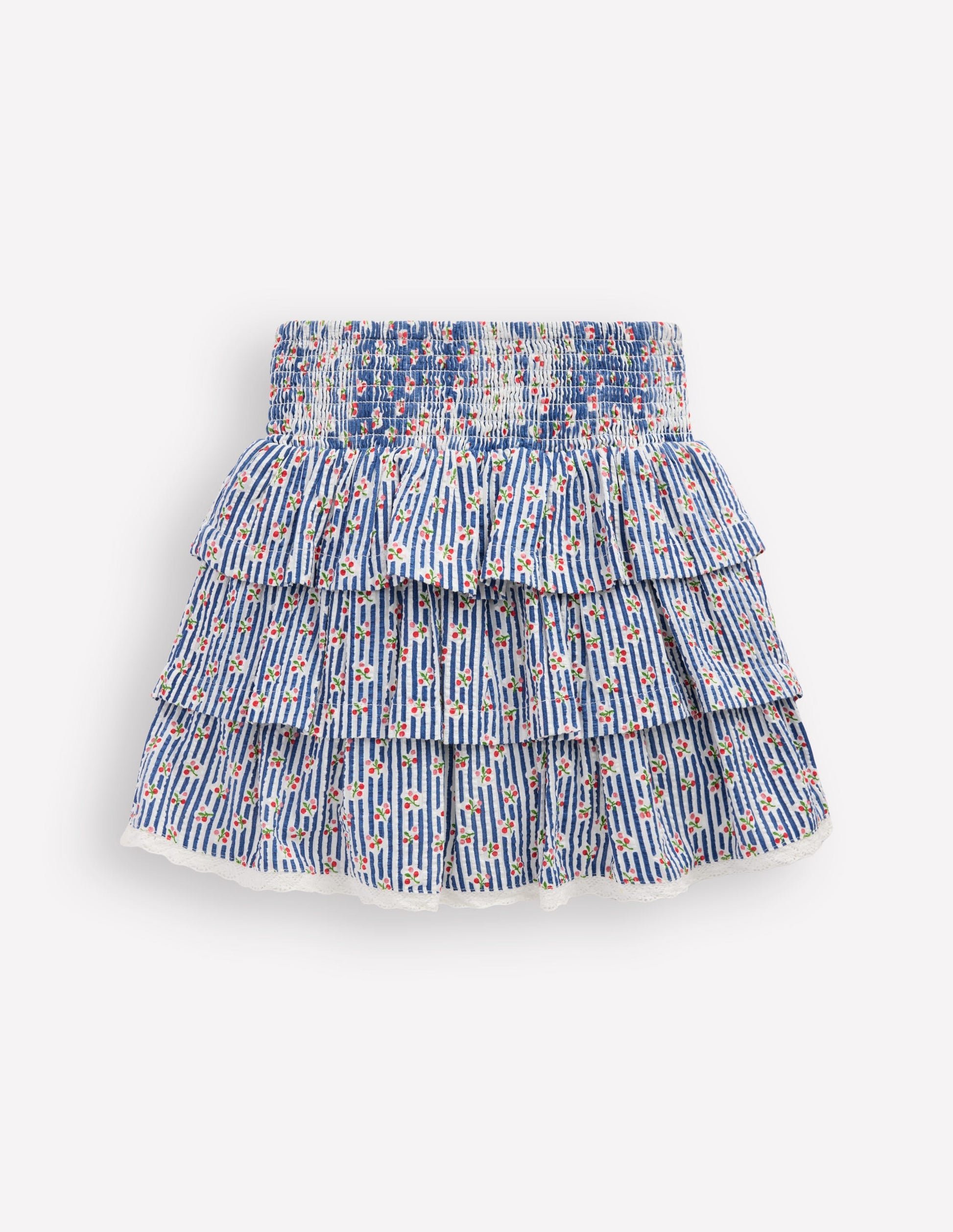 Smocked Waist Ruffle Skirt-Bluejay Cherry Stripe-4