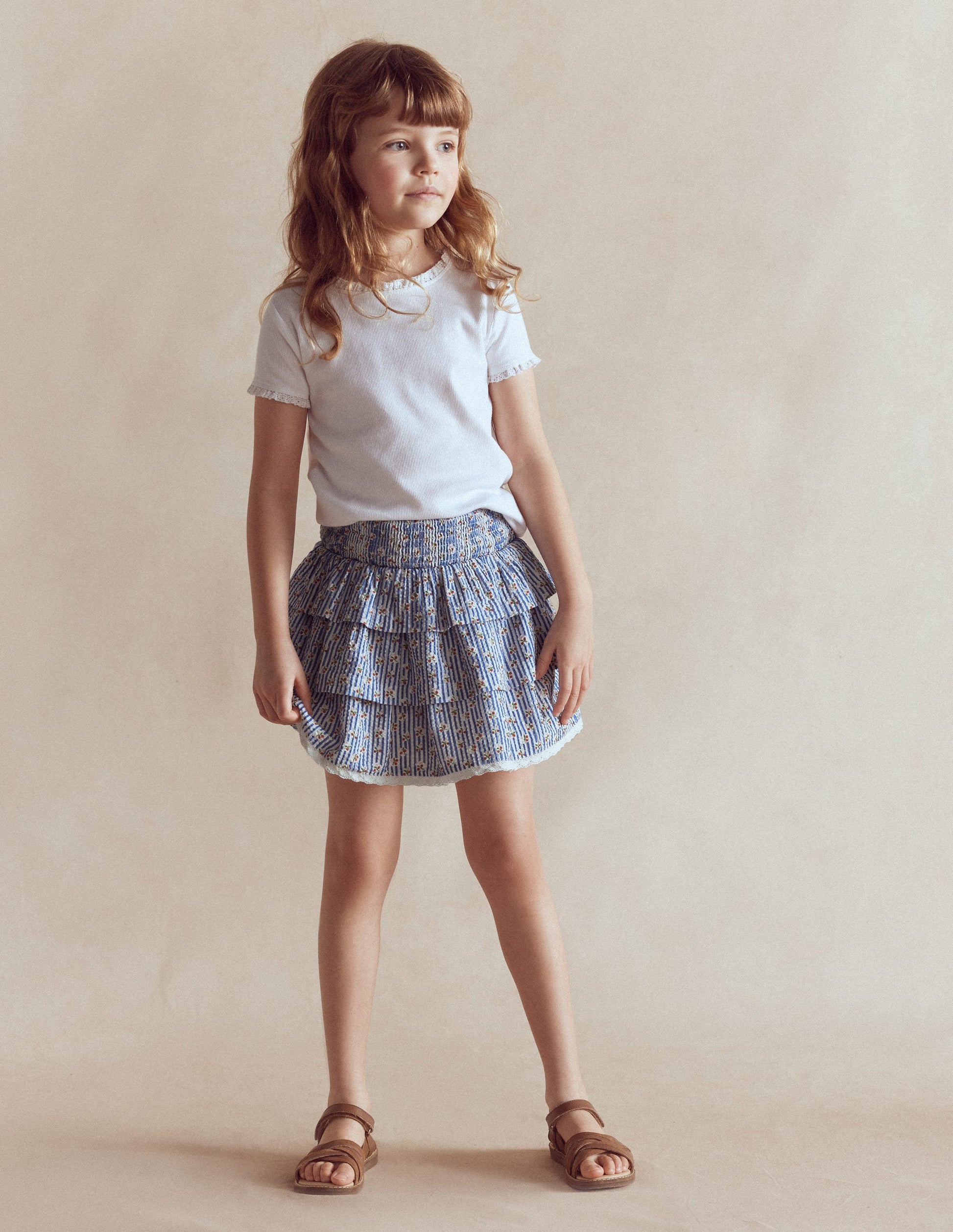 Smocked Waist Ruffle Skirt-Bluejay Cherry Stripe-1