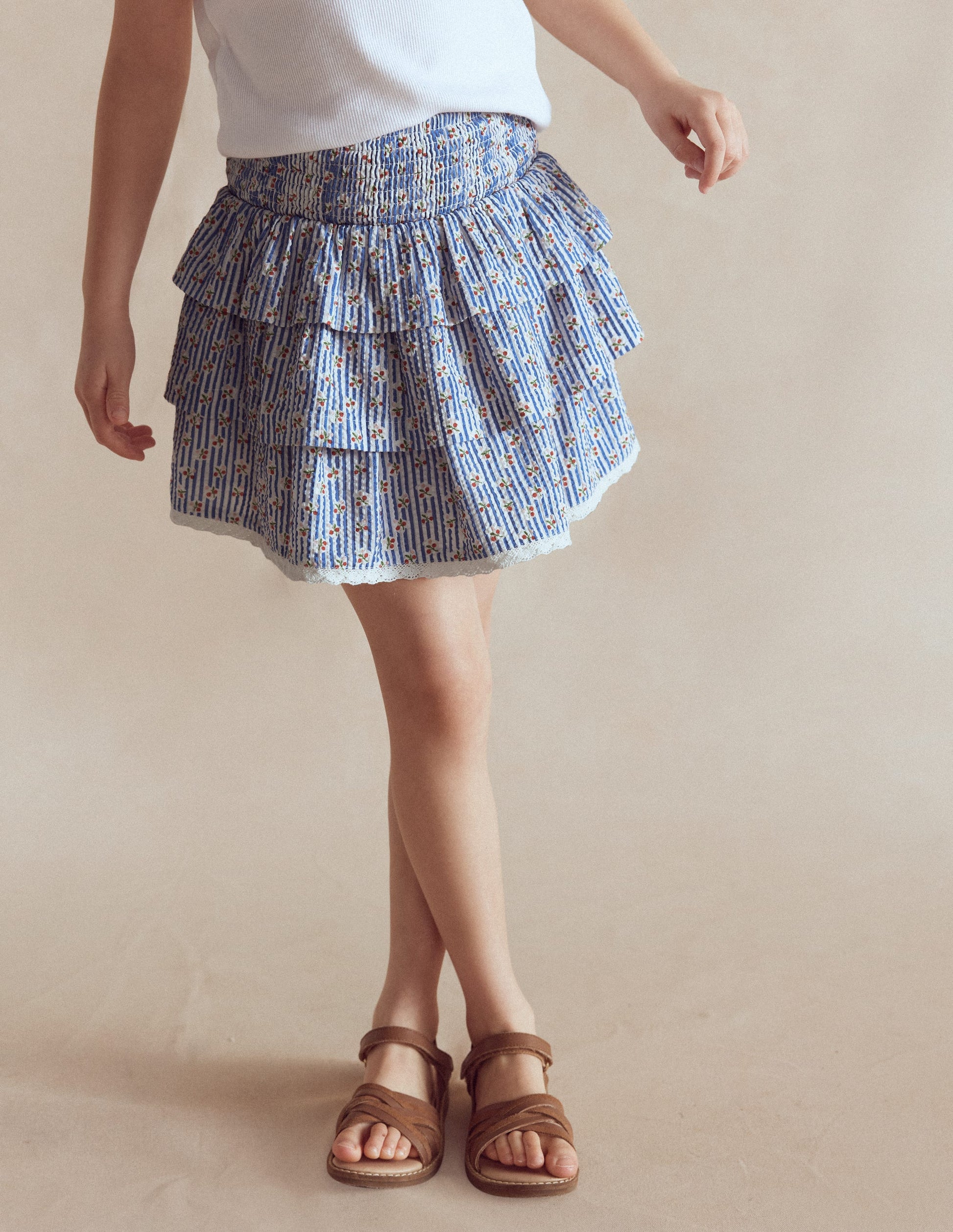 Smocked Waist Ruffle Skirt-Bluejay Cherry Stripe-2