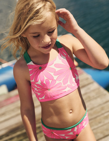 Cross-back Bikini Top-Festival Pink Daisy