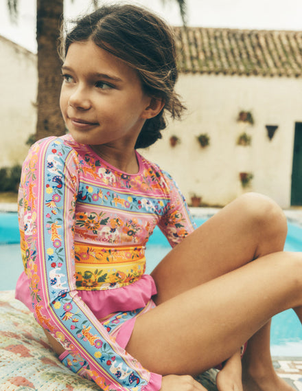 Hem Frill Rash Vest Set-Multi Tropical Animals