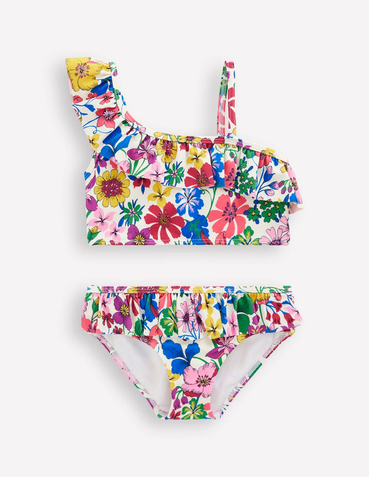 One Shoulder Frill Bikini Set-Multi Rainbow Floral