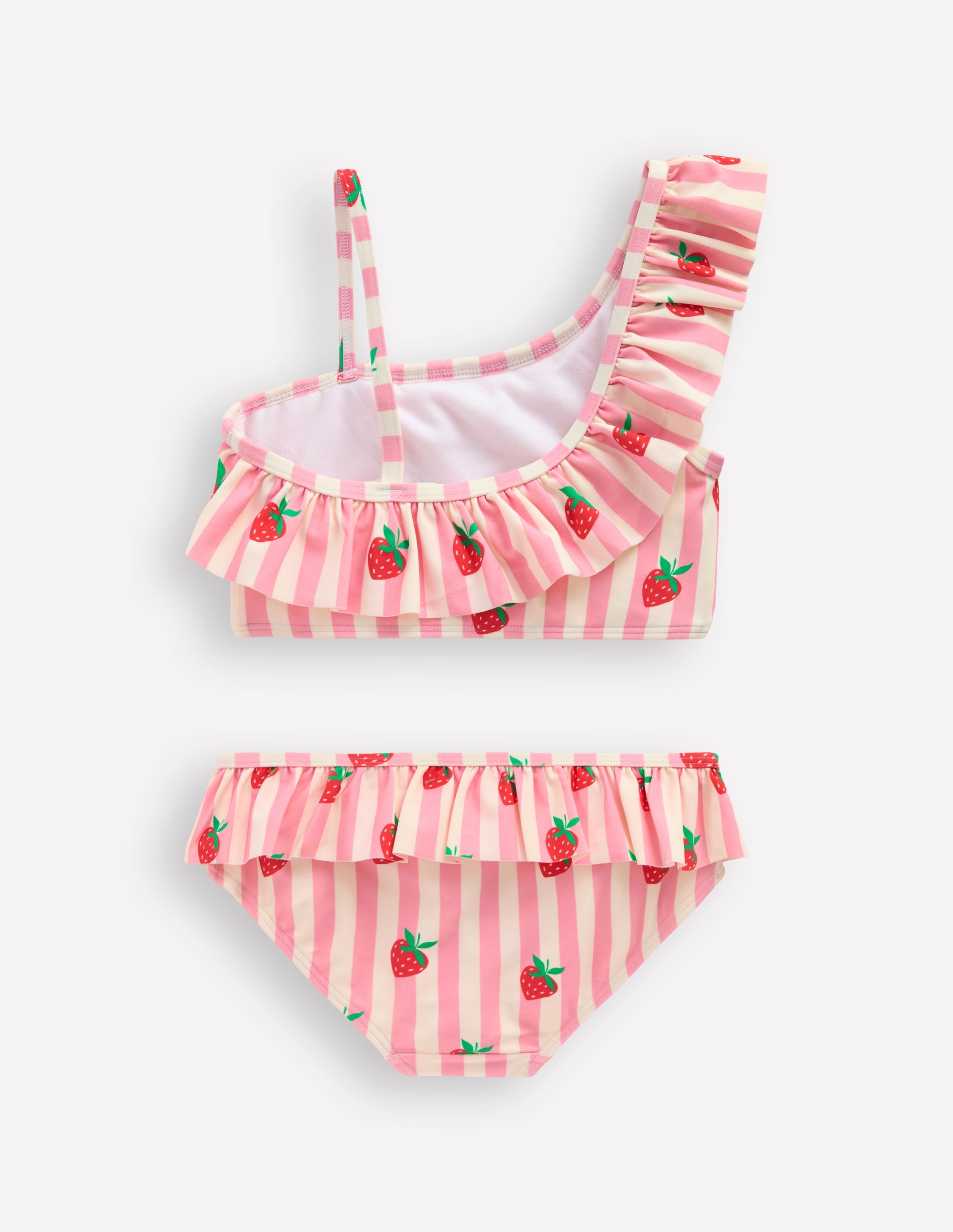 One Shoulder Frill Bikini Set-Pink strawberry stripe - Image 2