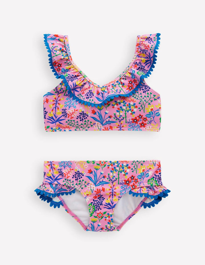 Frill V-neck Bikini Set-Meadowsweet Pink Garden floral