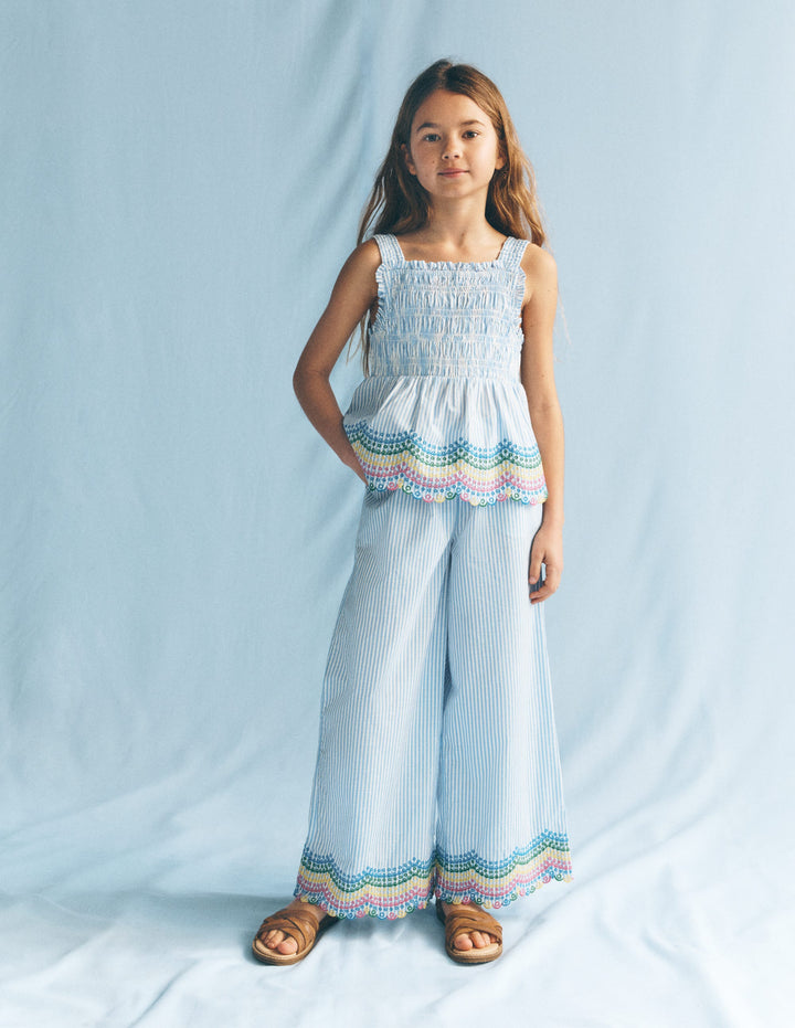 Scallop Hem Pants-Blue Ticking Rainbow