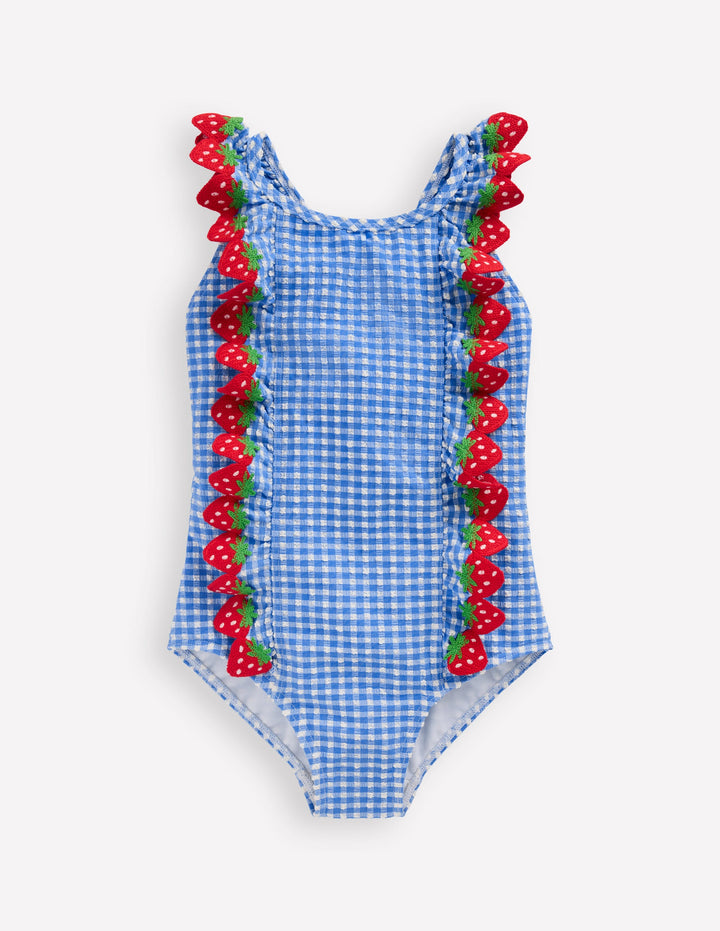Flutter Trim Swimsuit-Glacier Blue Gingham