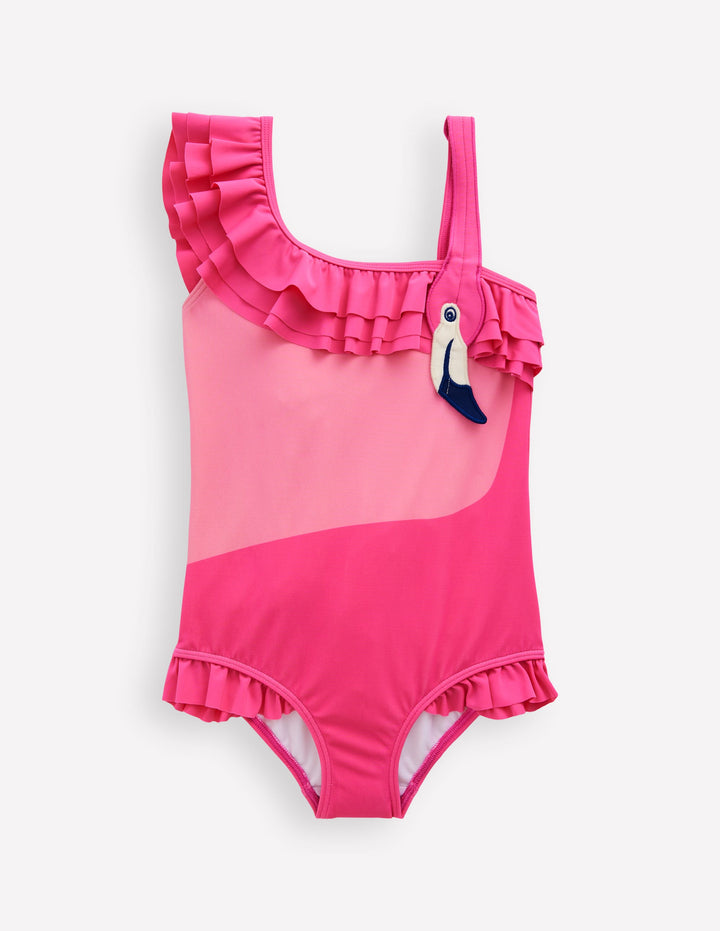 One Shoulder Appliqué Swimsuit-Sorbet Pink Flamingo