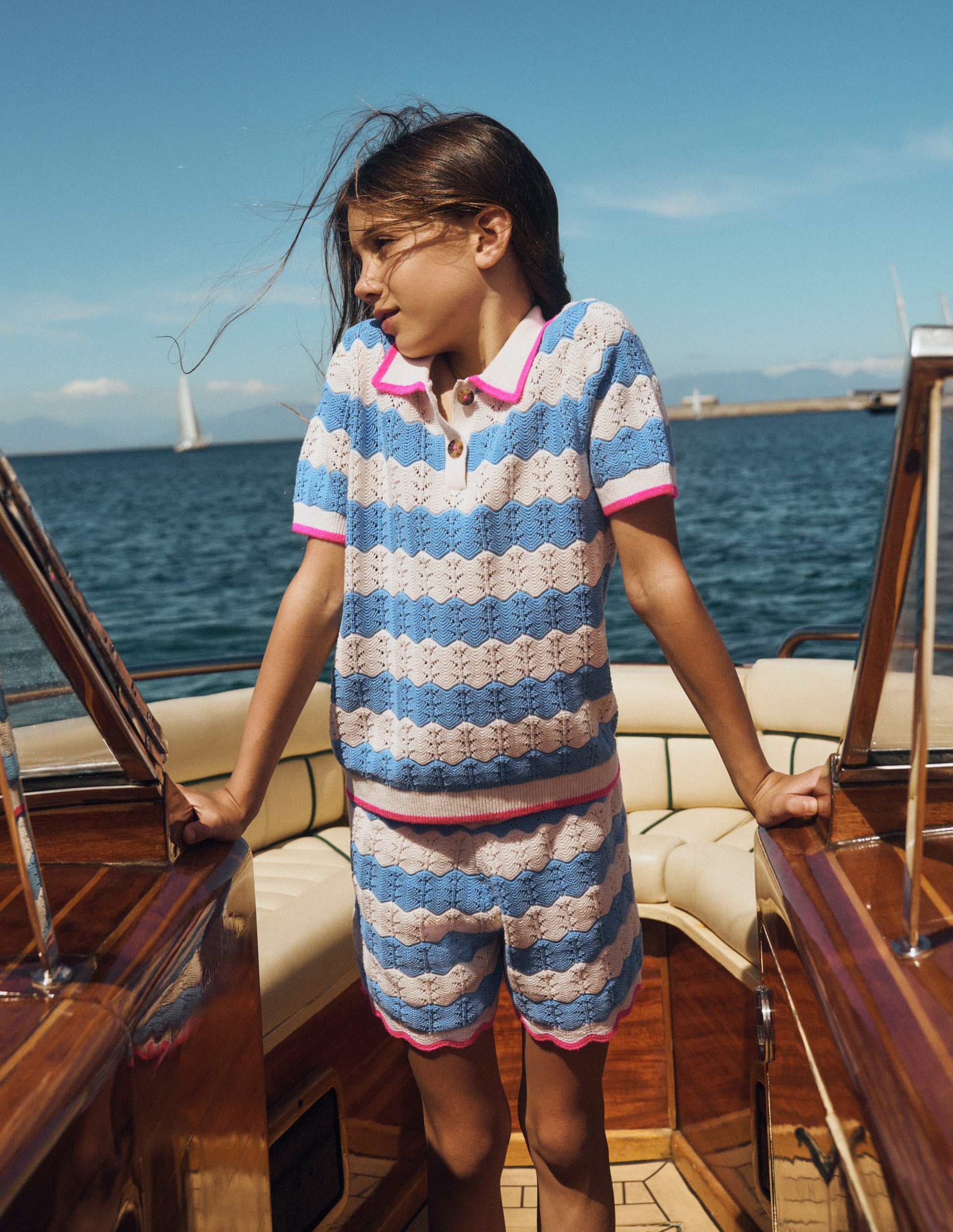 Pointelle Knitted Polo Top-Wave Blue-1