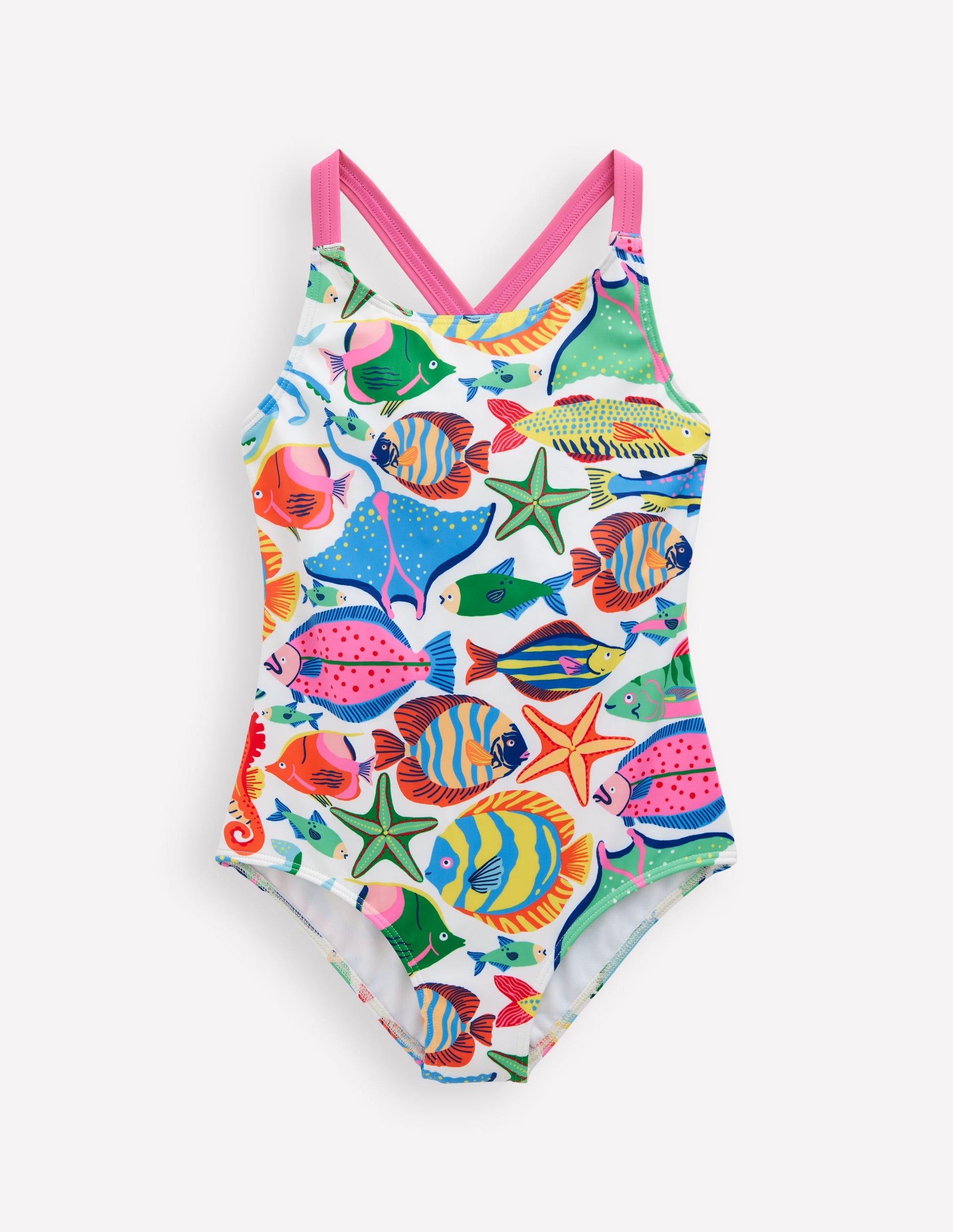 Cross-Back Printed Swimsuit-Multi Fishes-1