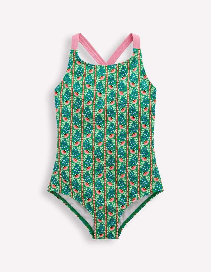 Cross-Back Printed Swimsuit-Green Floral Vine