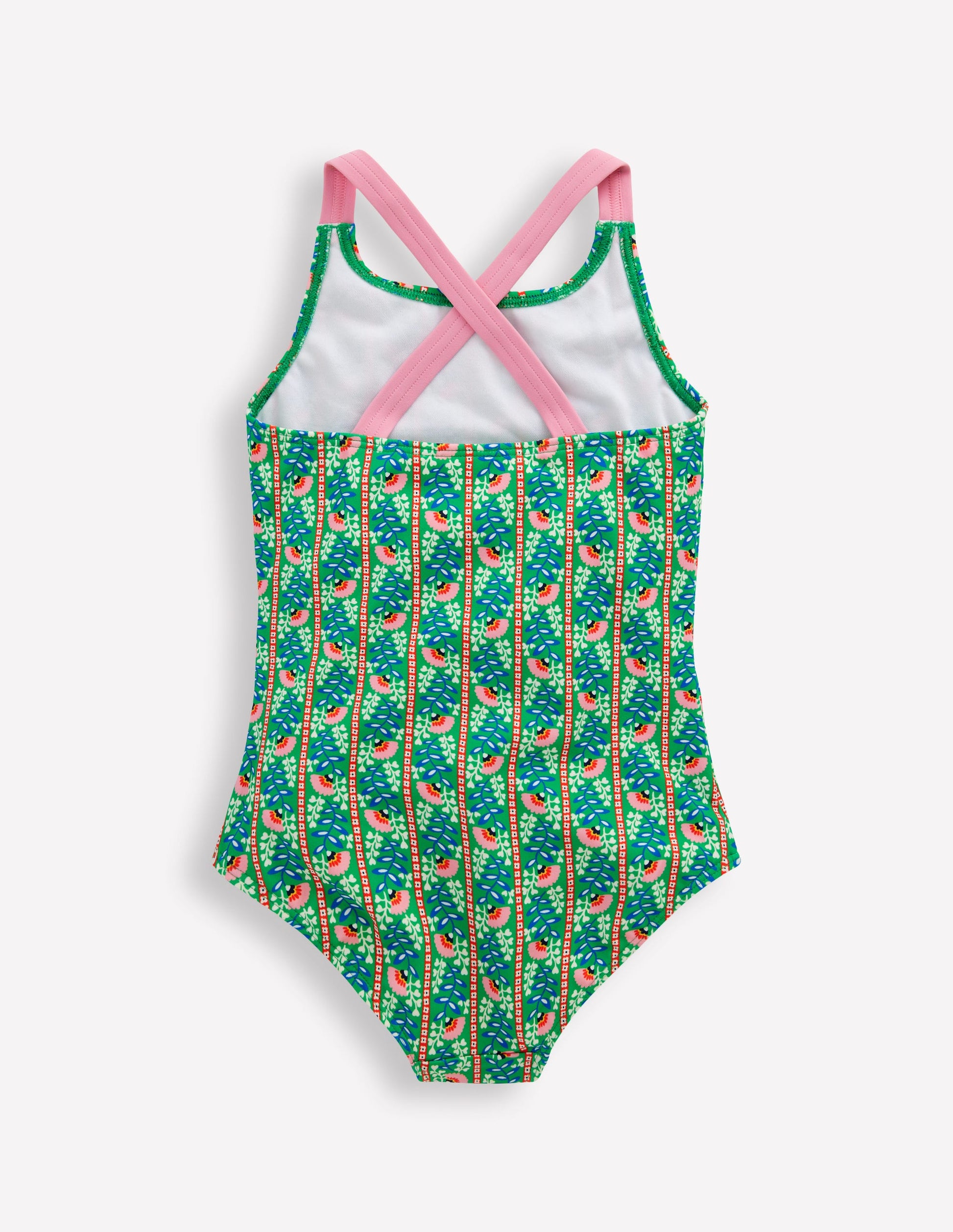 Cross-Back Printed Swimsuit-Green Floral Vine-2