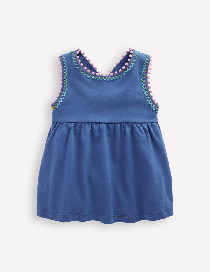 Cross-Back Pom Trim Top-Azure Blue