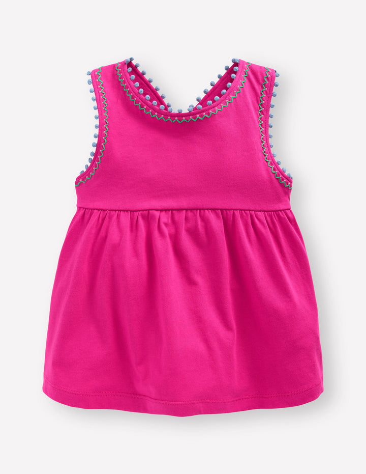 Cross-Back Pom Trim Top-Pink Peony