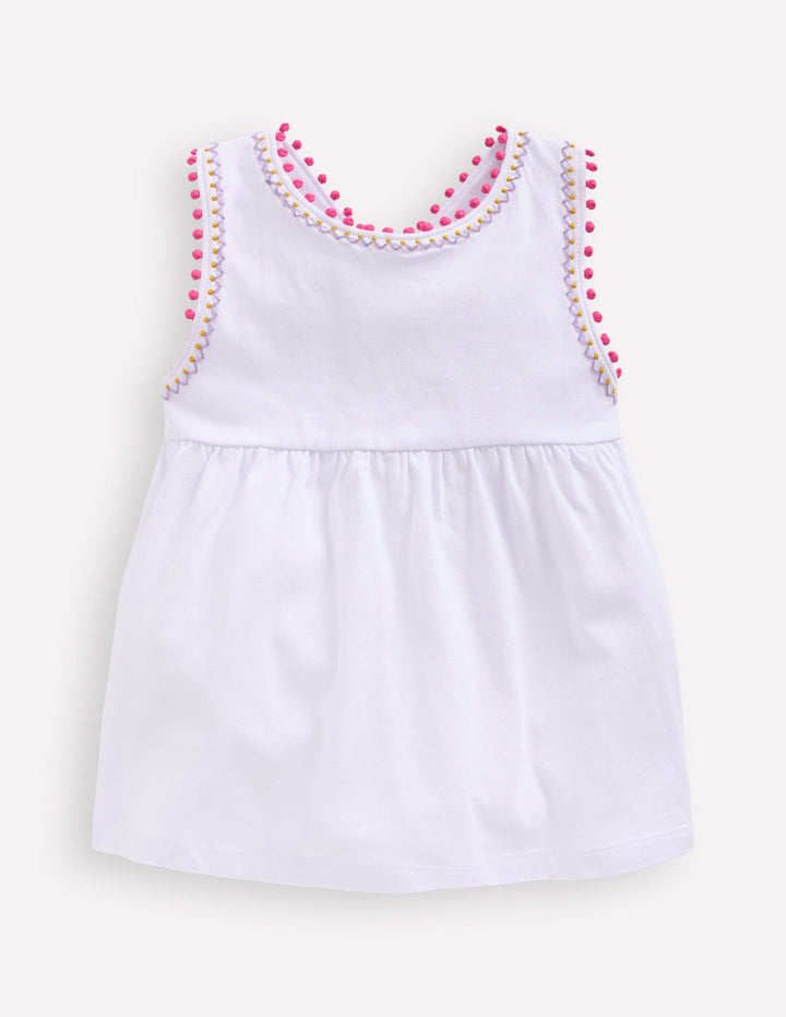 Cross-Back Pom Trim Top-White