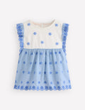 Fabric Mix Broderie Top-Blue Ticking