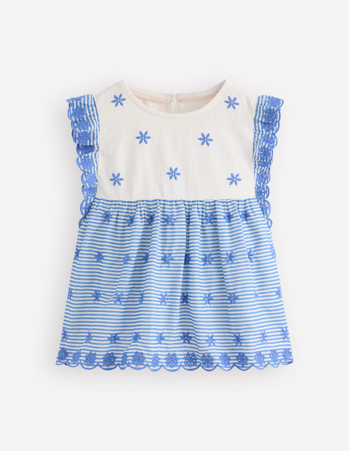 Fabric Mix Broderie Top-Blue Ticking