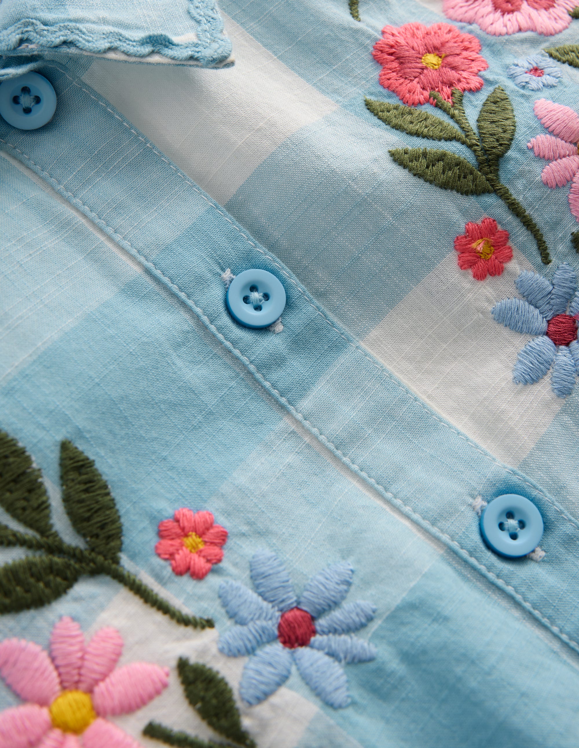 Short Sleeve Relaxed Shirt - Blue Gingham Embroidery | Boden USA