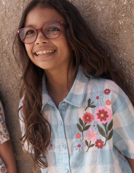 Short Sleeve Relaxed Shirt-Blue Gingham Embroidery