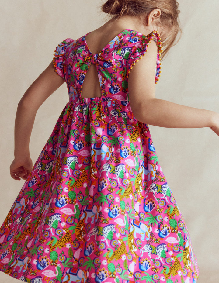 Clover Bow Back Jersey Dress-Flamingo Pink Jungle Animals