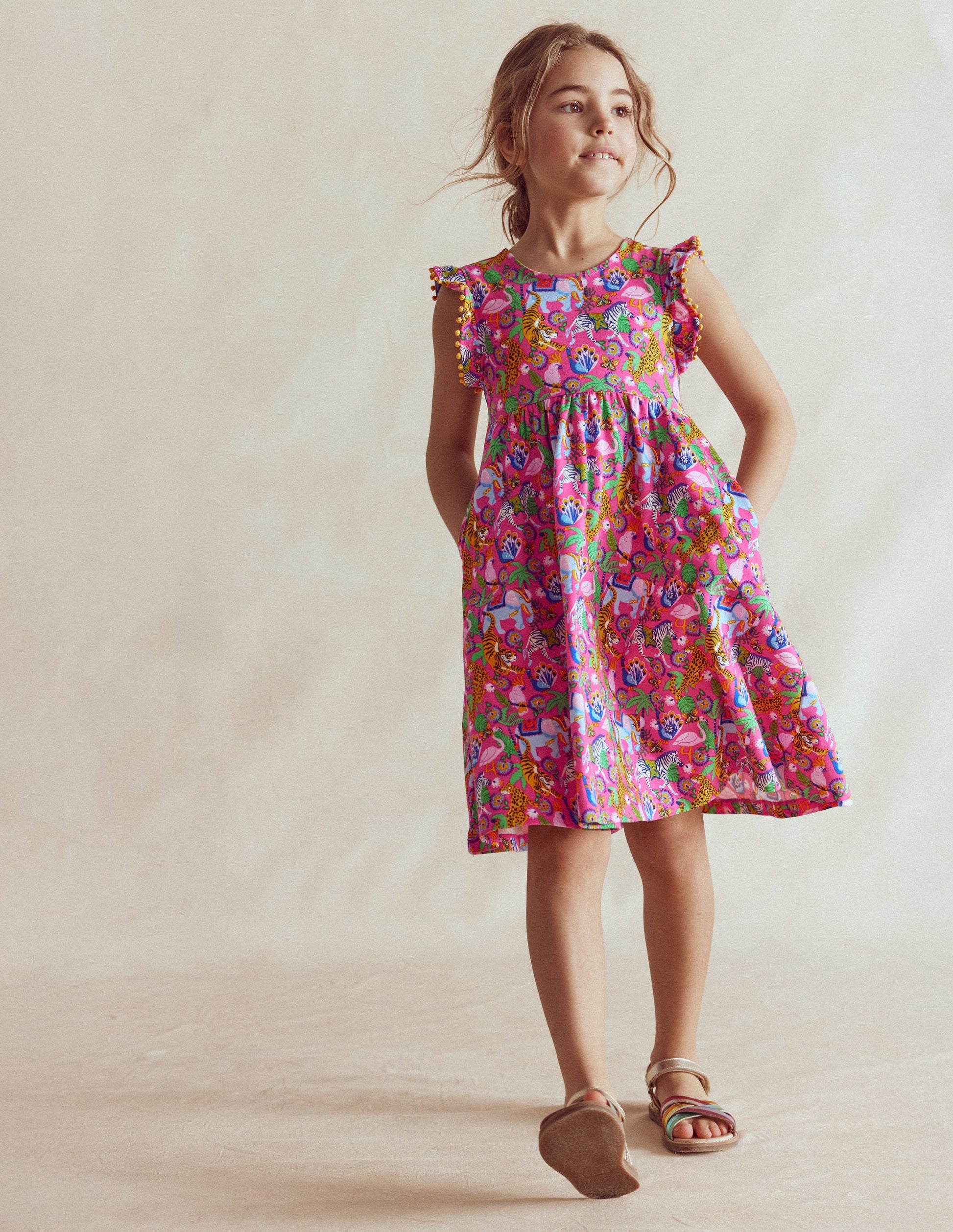 Bow Back Jersey Dress-Flamingo Pink Jungle Animals-3