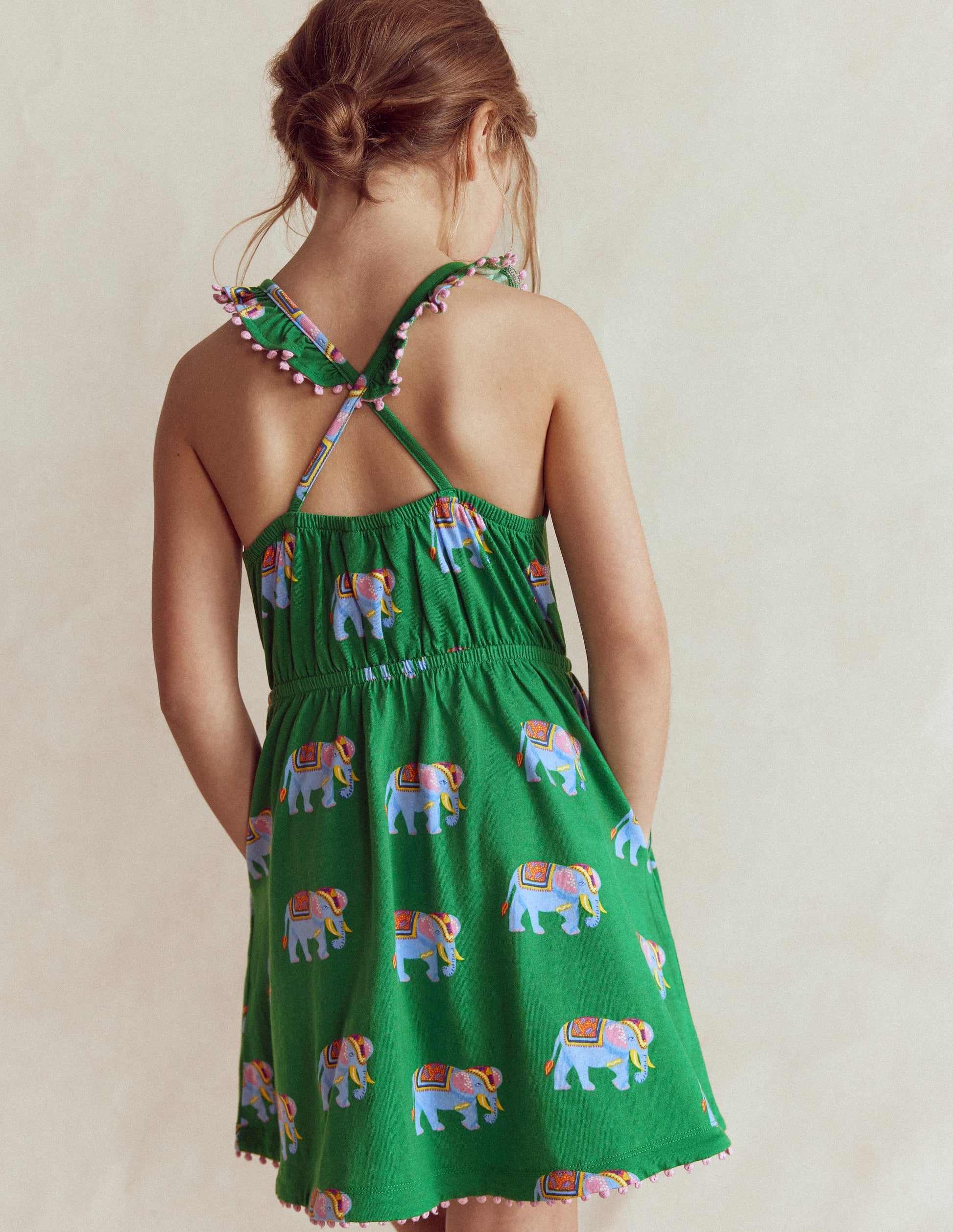Ruffle Neck Trim Dress-Highland Green Elephants-1