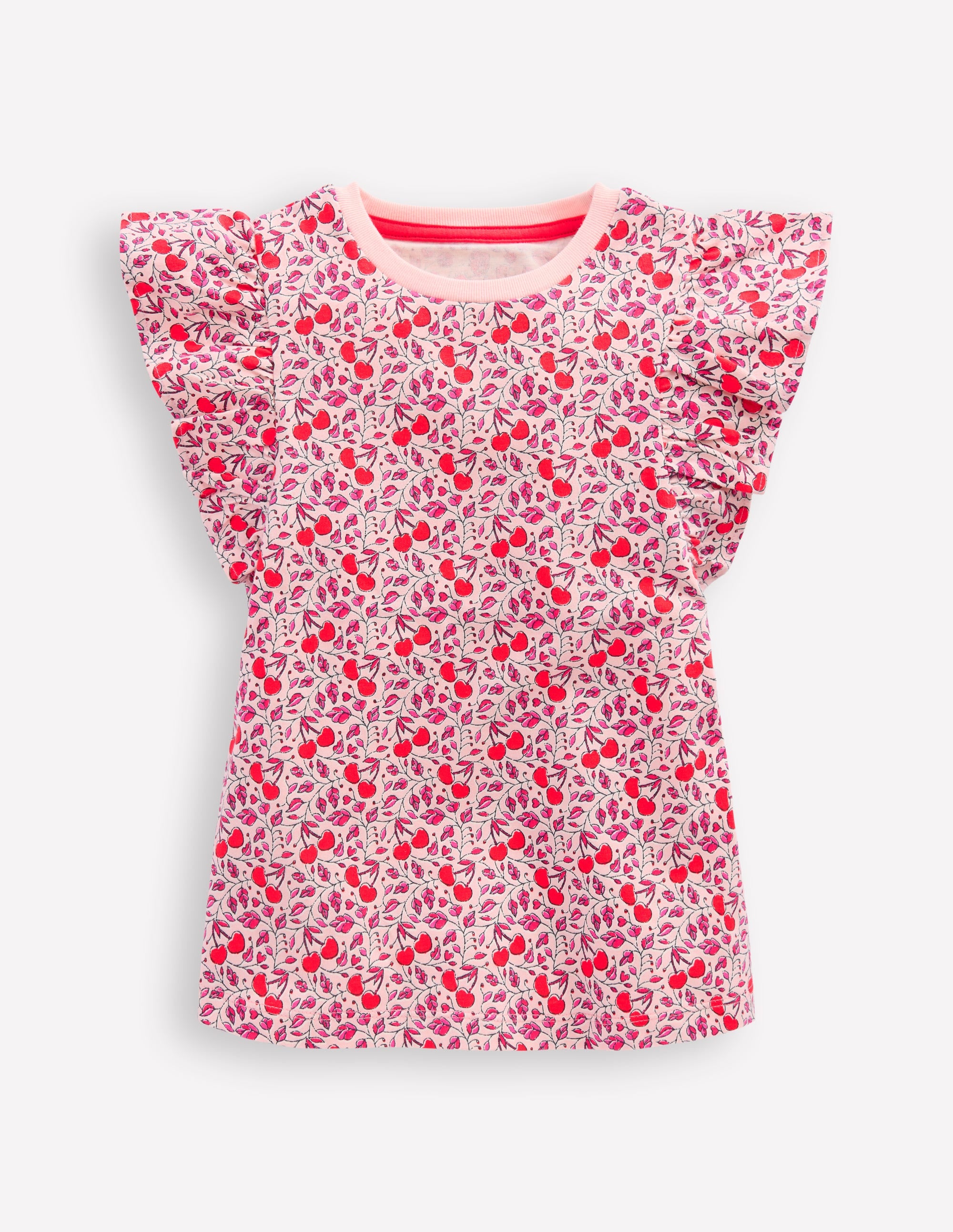Frill Sleeve Printed Top-Pink Cherries - Image 1