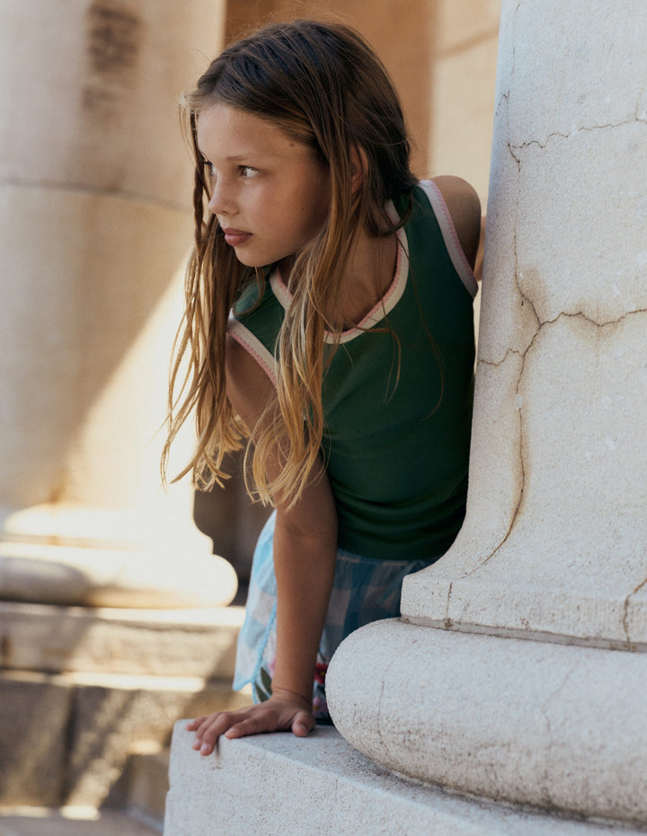 Crochet Trim Ribbed Vest-Willow Green