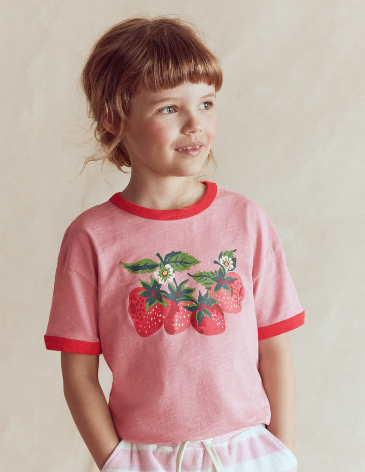 Printed Ringer T-shirt-Vintage Pink Strawberries