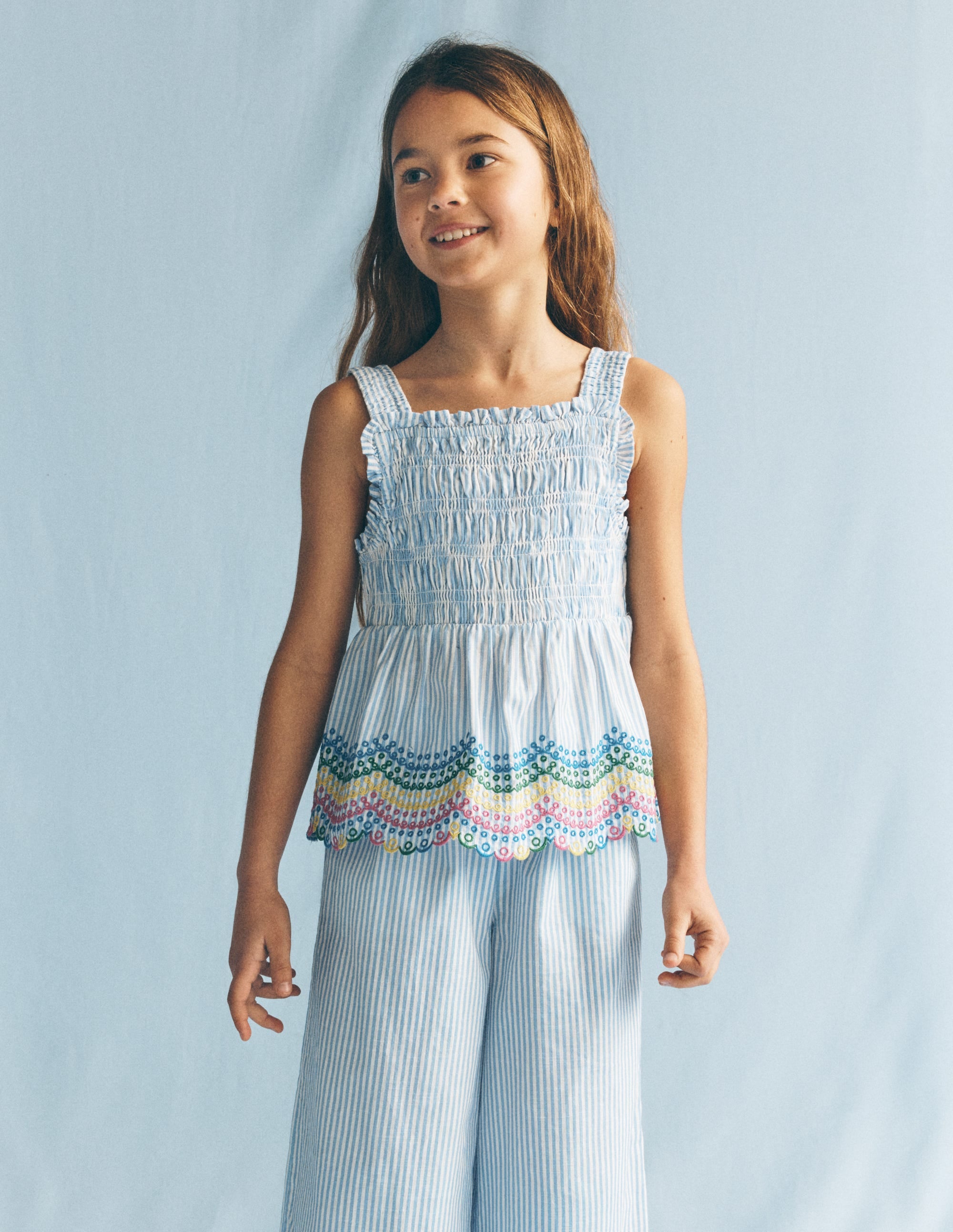 Embroidered Shirred Top-Ticking Rainbows - Image 2
