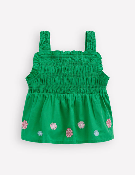 Embroidered Shirred Top-Sapling Green